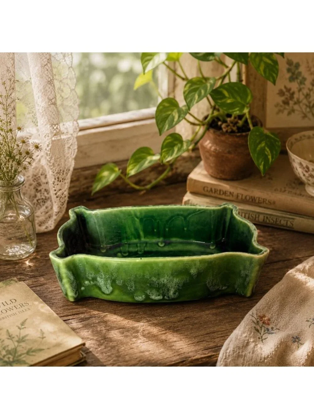 Vintage USA Green Glazed Ceramic Planter Scalloped Pottery Rectangular UPCO 295